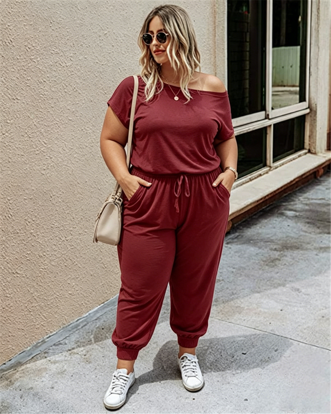 Slanted Shoulder Short Sleeve Pocket Jumpsuit