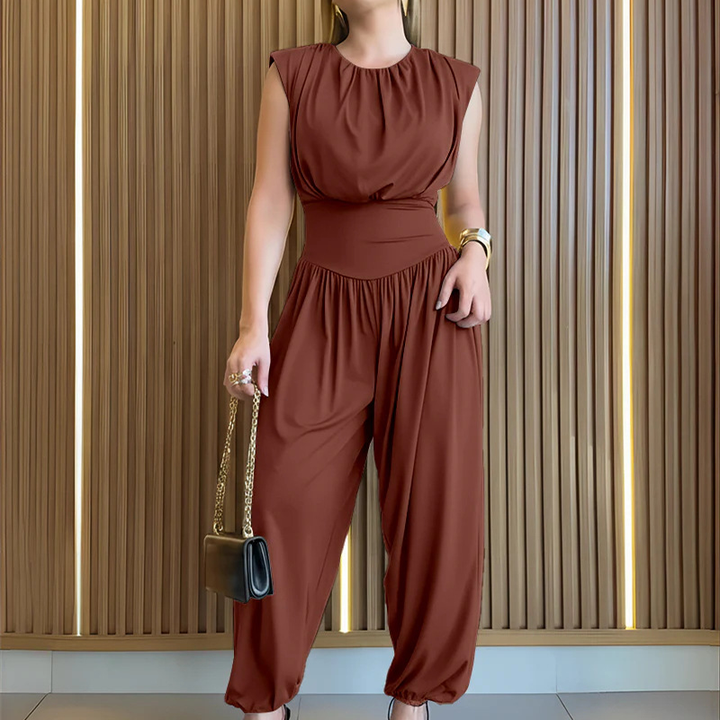 Solid-Color Loose-Fit Jumpsuit with Waist-Cinching Detail
