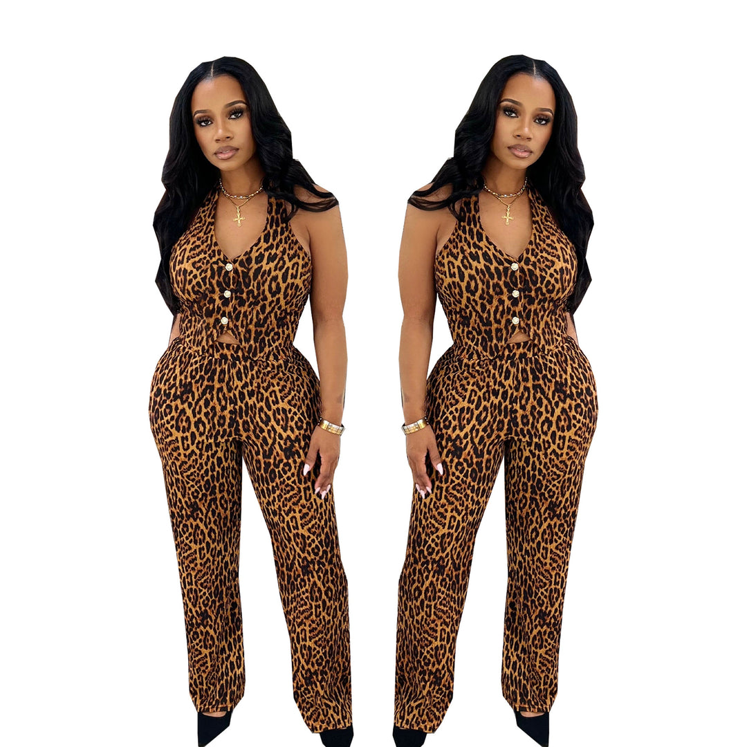 Leopard print sexy and stylish loose-fitting pants set for women