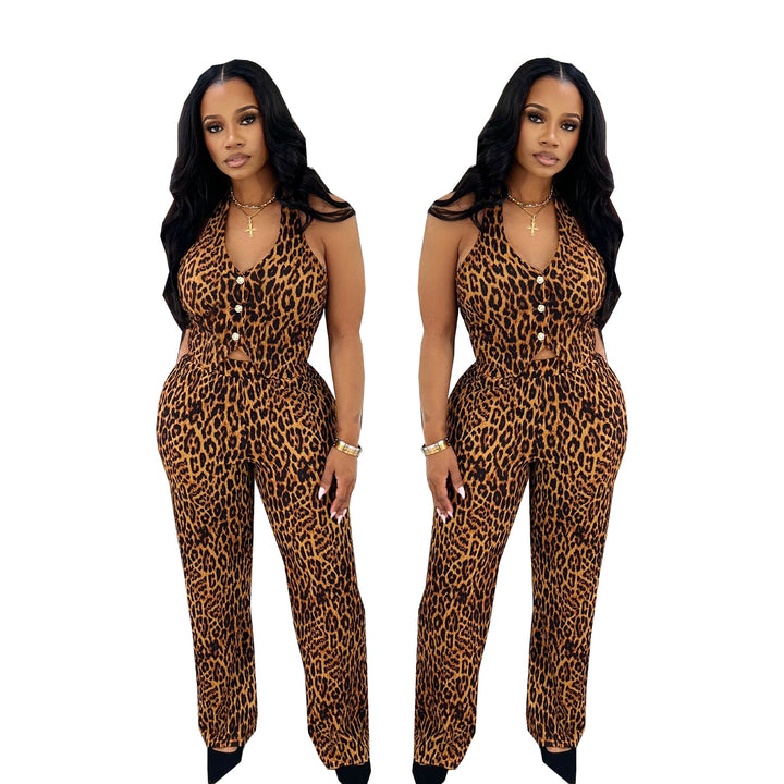 Leopard print sexy and stylish loose-fitting pants set for women