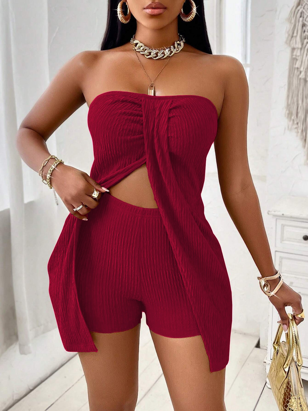Solid color strapless top and shorts set