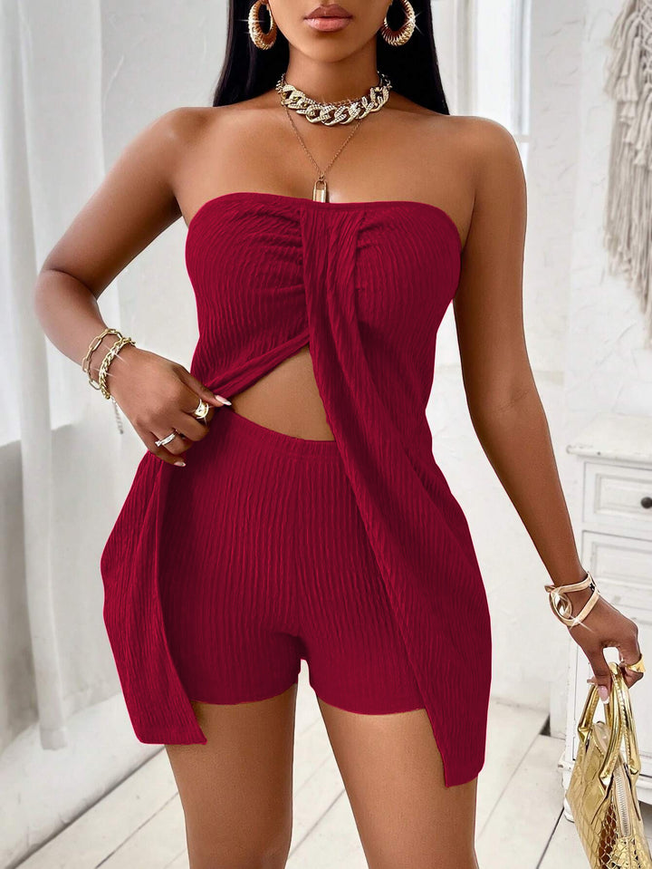 Solid color strapless top and shorts set