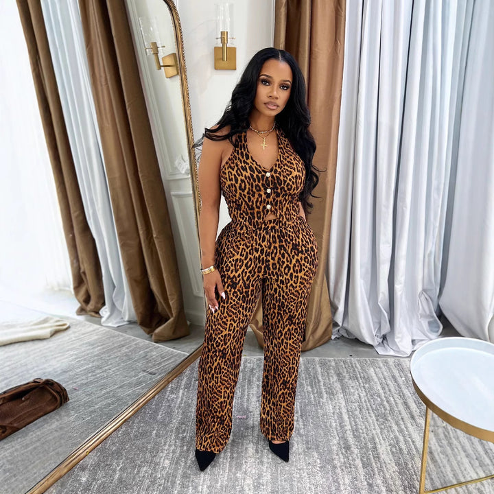 Leopard print sexy and stylish loose-fitting pants set for women