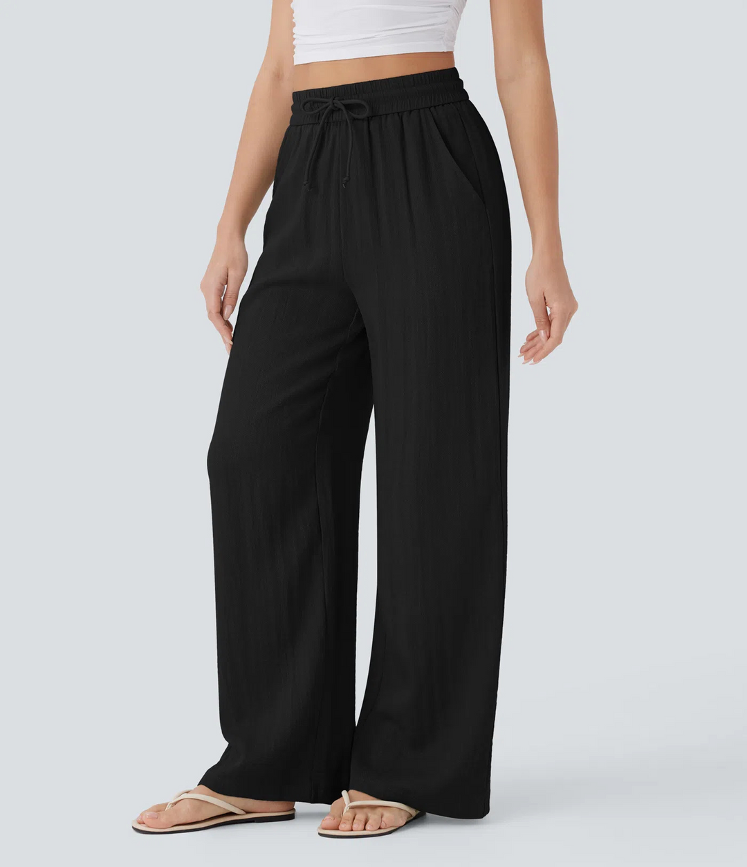 High-waisted drawstring wide-leg pants with side pockets