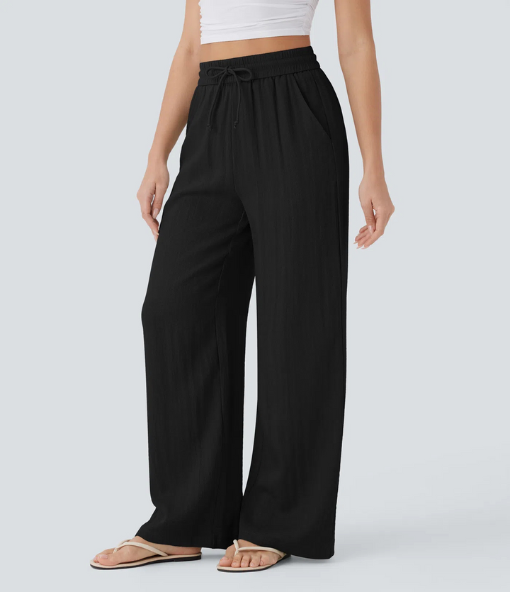 High-waisted drawstring wide-leg pants with side pockets