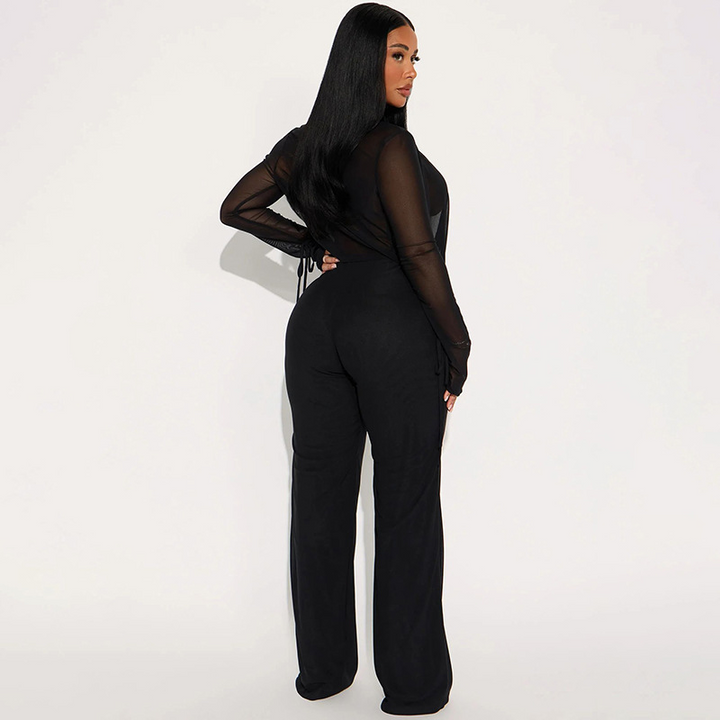 Deep V-neck flared pants set with ruffled trim
