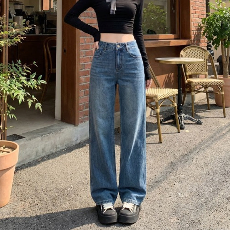 Retro slim-fit straight-leg high-waisted jeans