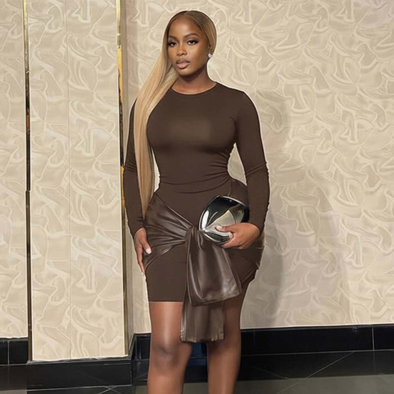 Solid color leather patchwork tight long-sleeved dress