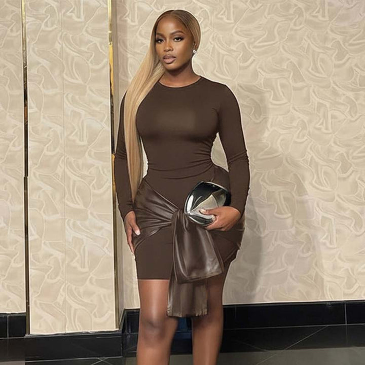 Solid color leather patchwork tight long-sleeved dress