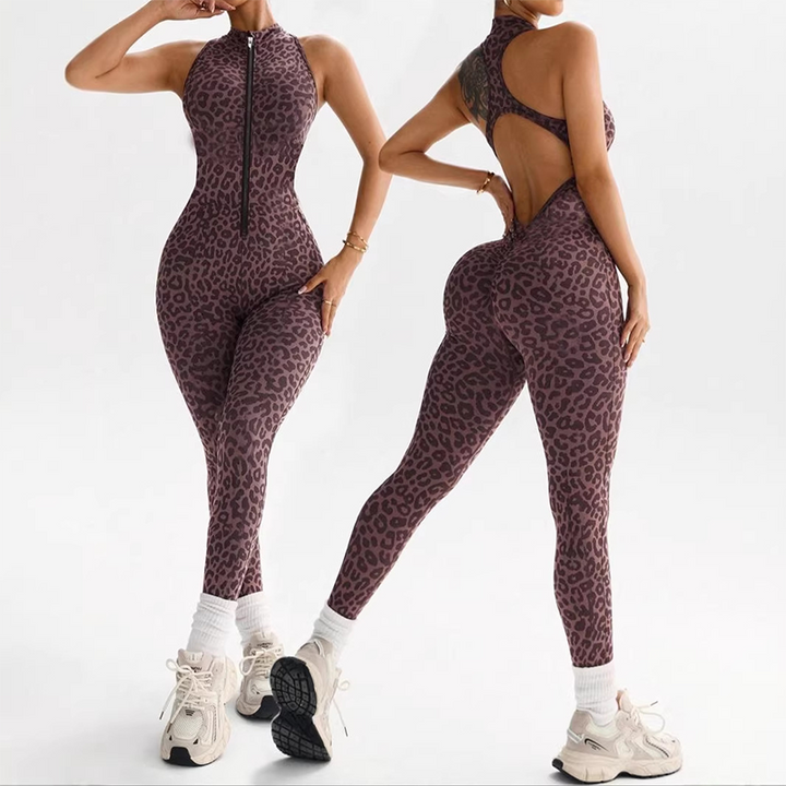 Leopard Print Backless Slim-Fit Halter Jumpsuit
