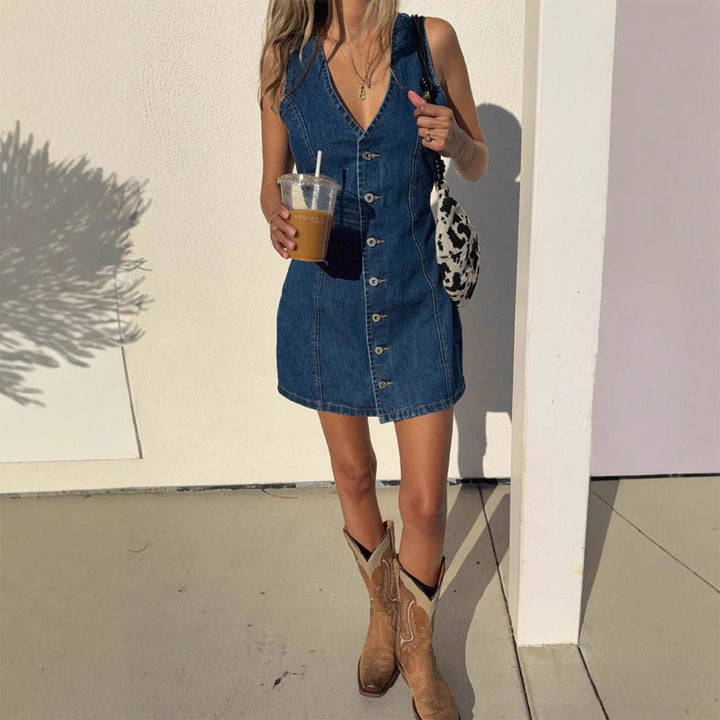 V-neck button-down denim mini skirt
