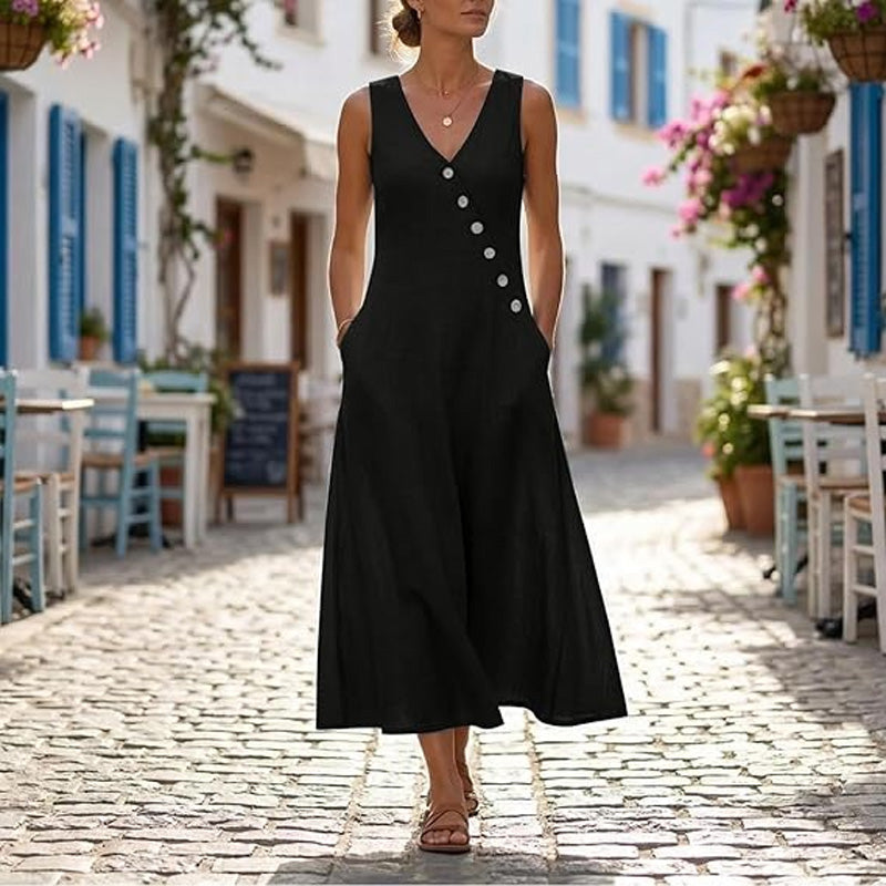 Solid color button solid color vest dress