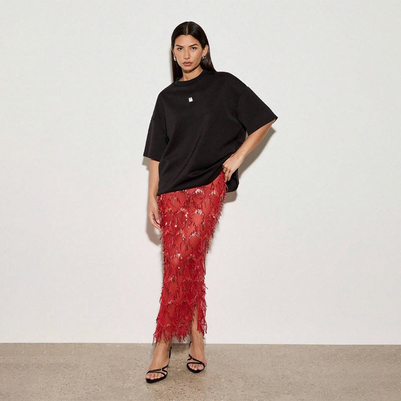 Tassel Sequin Midi Skirt