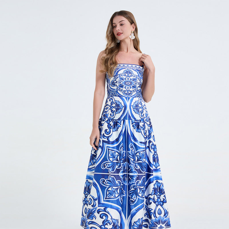 Porcelain-patterned strapless maxi dress