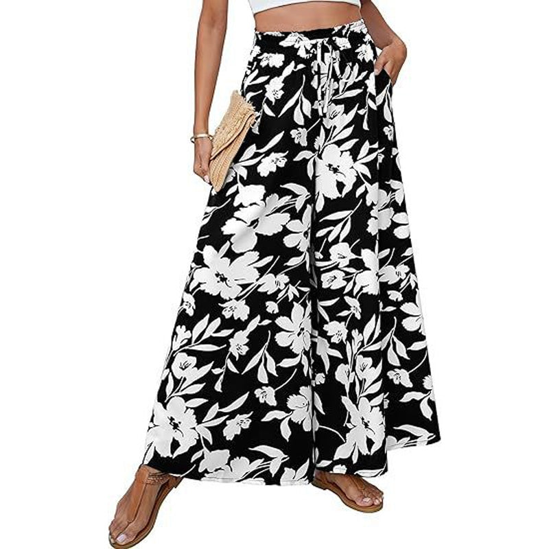 High-waisted flowy floral wide-leg pants