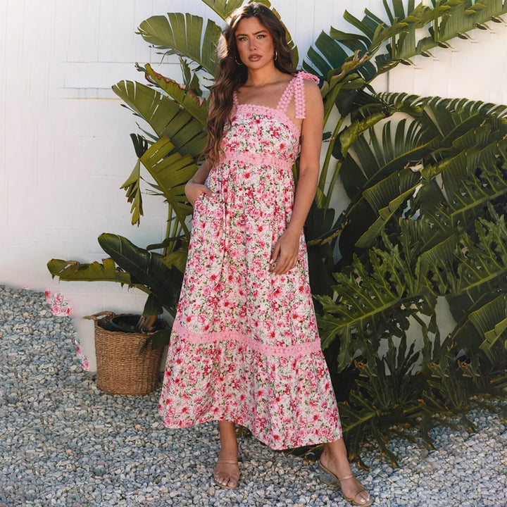Pink floral lace maxi dress