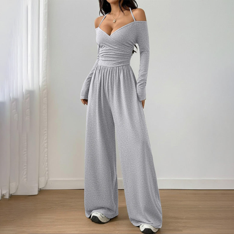 Solid Color Off-Shoulder Casual Jumpsuit
