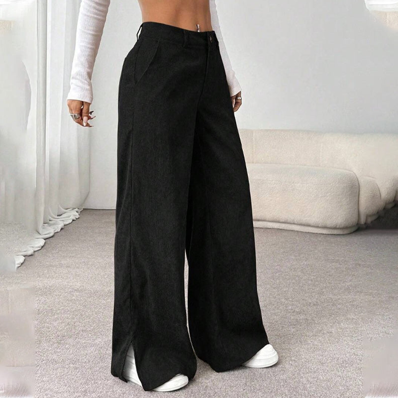 Soft Corduroy Slit Wide-Leg Pants