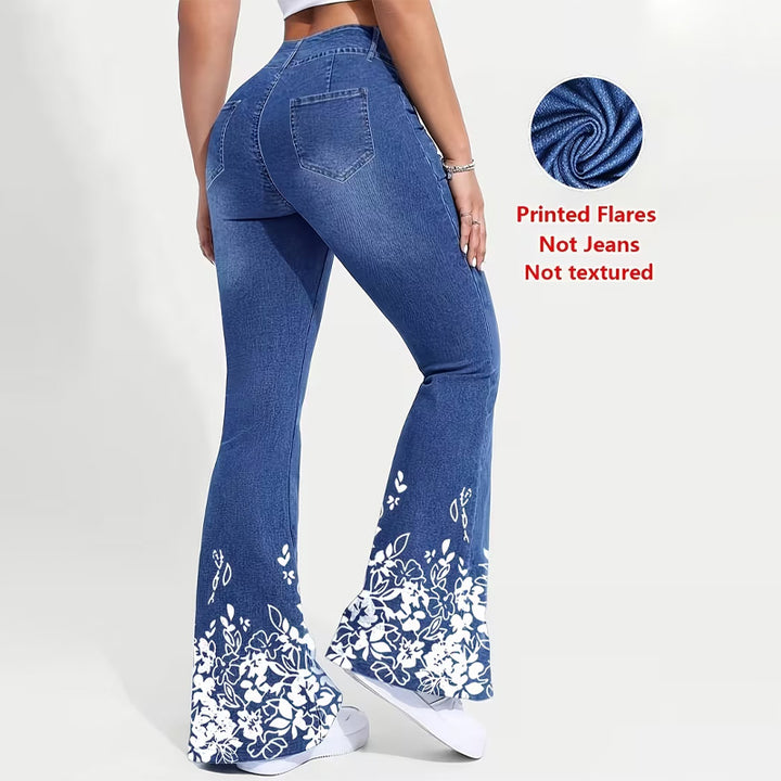 Elastic waist faux denim bootcut pants