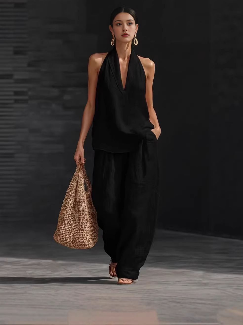 Halberd neck V-neck slimming wide-leg pants set