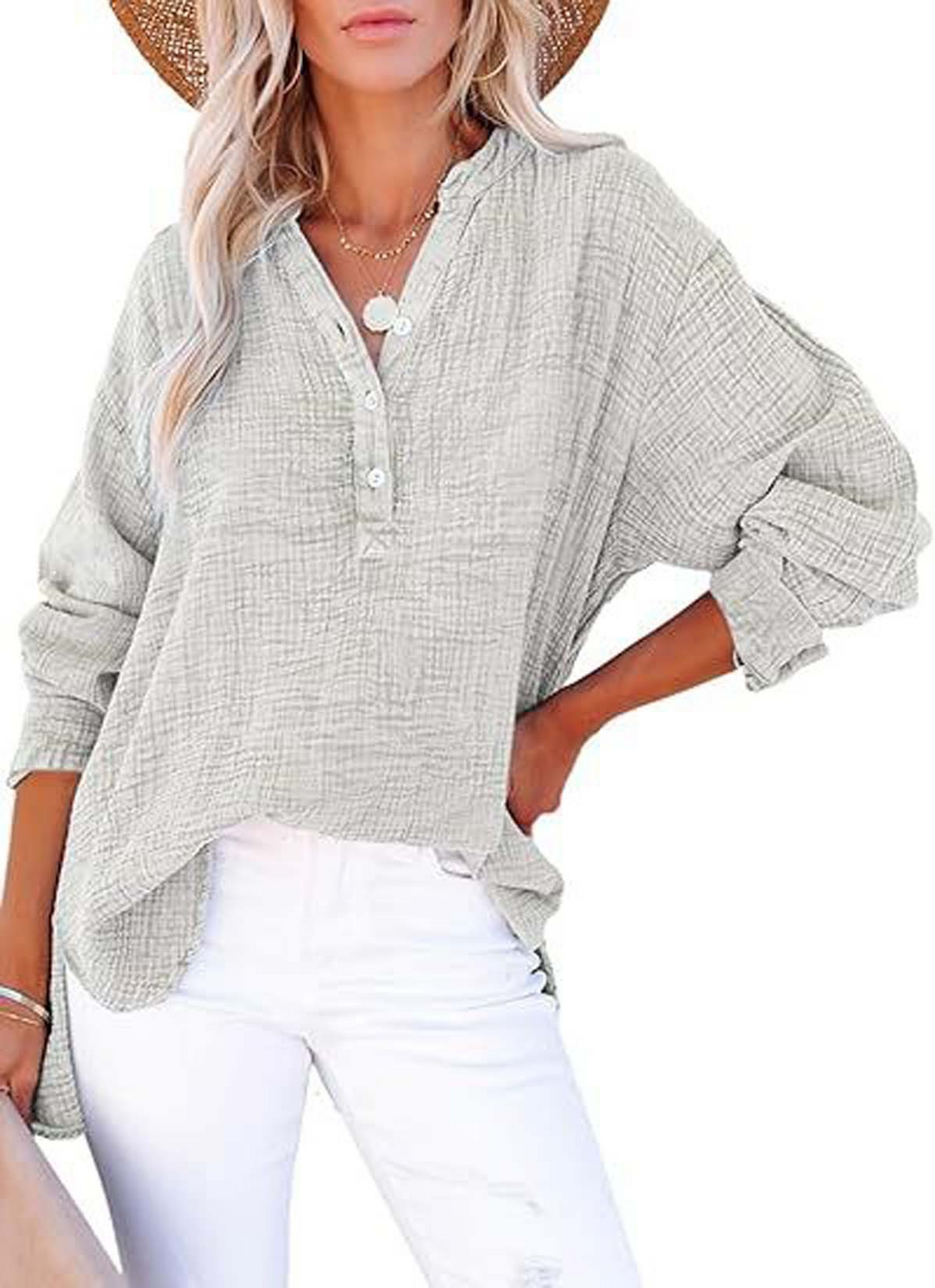 Solid color pleated long-sleeved shirt