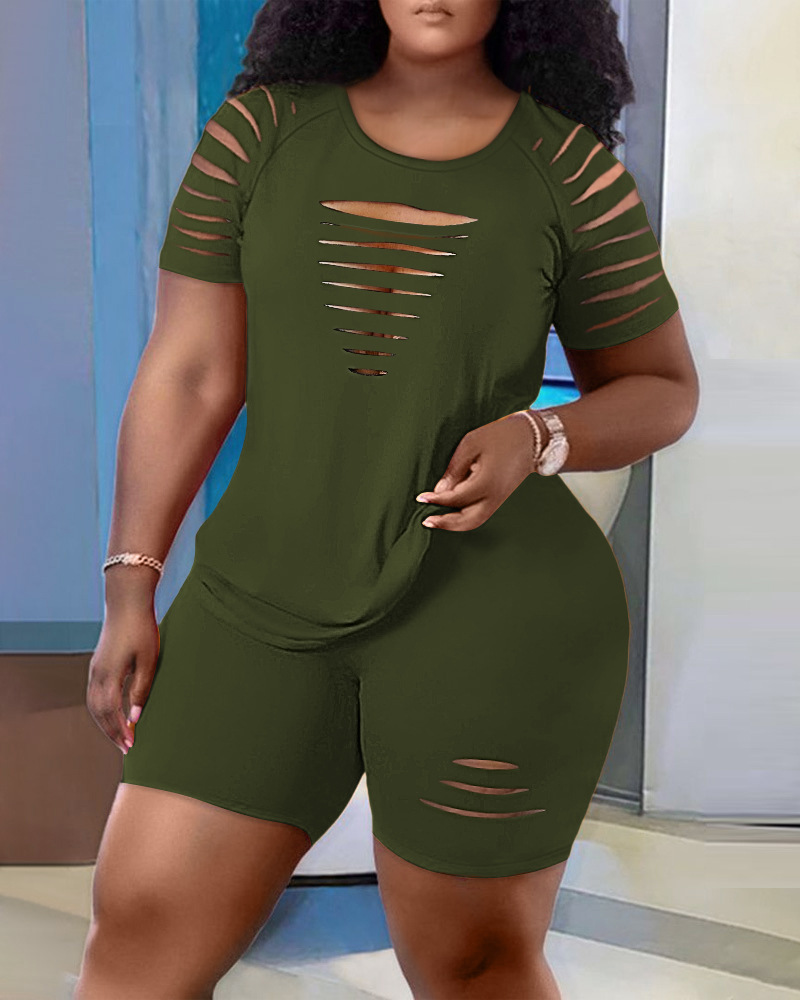 Hollow-out printed short-sleeved two-piece set
