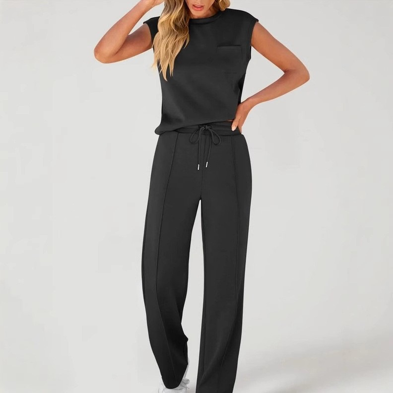 Sleeveless high-waisted wide-leg pants suit