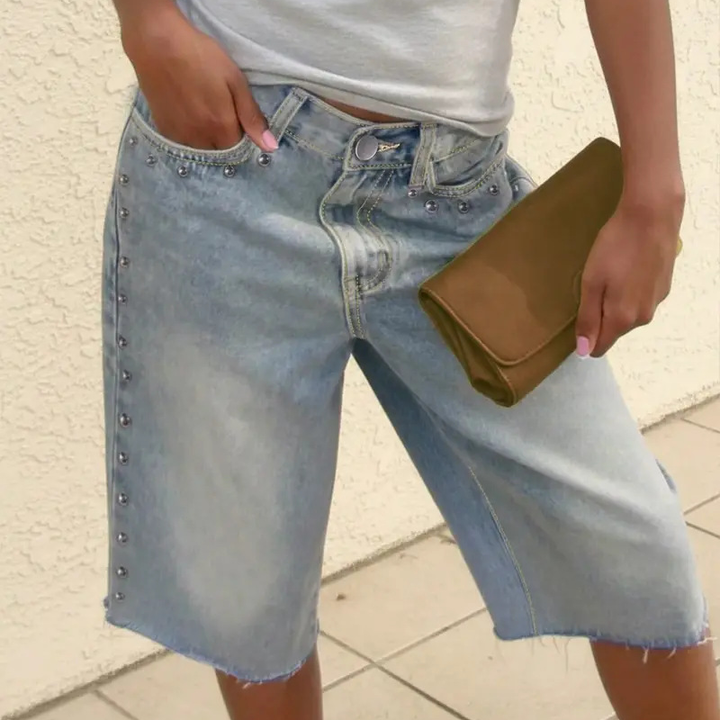 Vintage Washed Studded Knee Length Denim Shorts