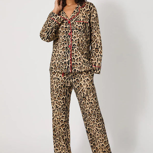Leopard print long-sleeved shirt and trousers two-piece set