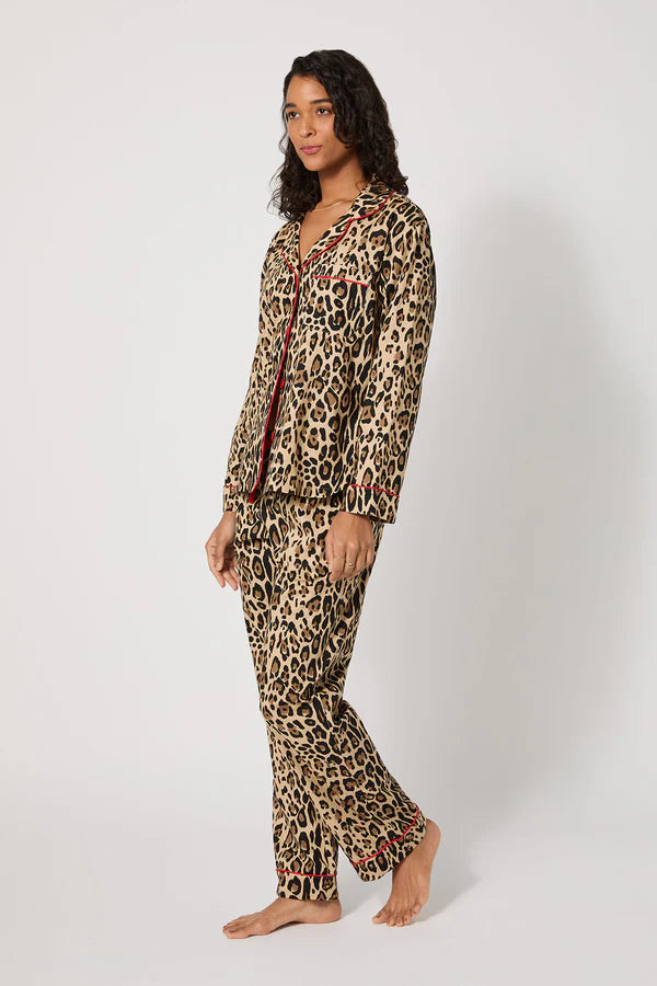 Leopard print long-sleeved shirt and trousers two-piece set