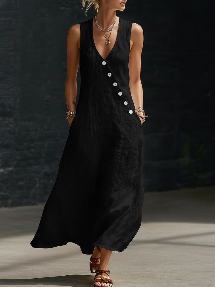 Solid color button solid color vest dress