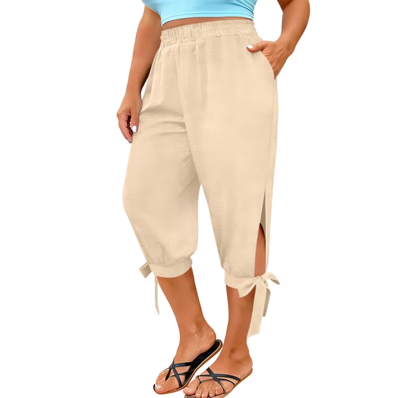 Slit tie-up cropped casual pants
