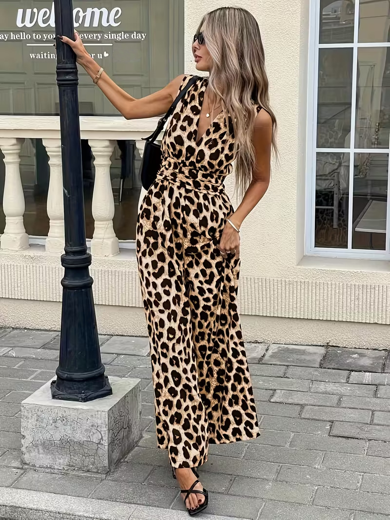 Leopard print sleeveless V-neck jumpsuit
