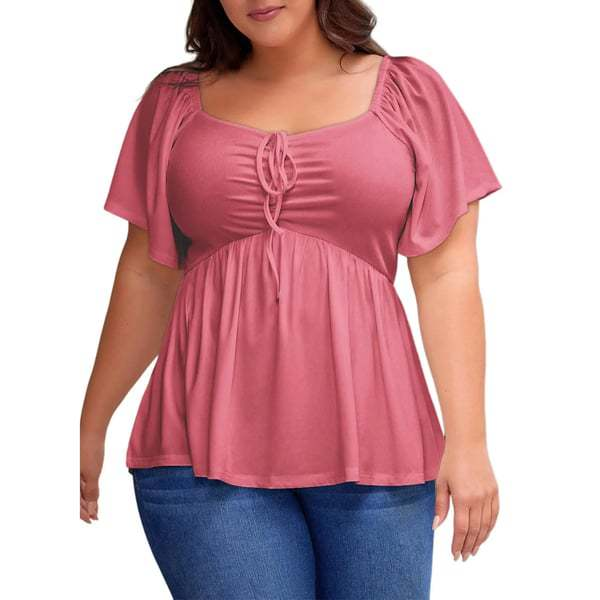 U-neck tie-waist puff sleeve top
