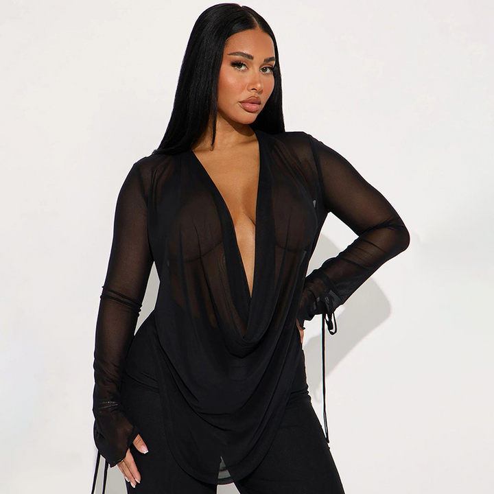 Deep V-neck flared pants set with ruffled trim