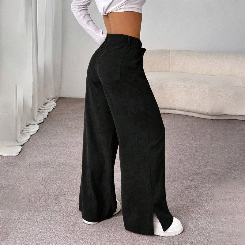 Soft Corduroy Slit Wide-Leg Pants