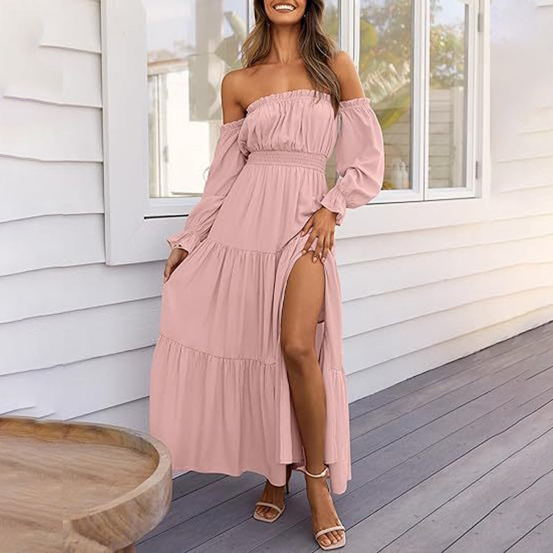 A-line Off-the-Shoulder Layered Maxi Dress with Slit