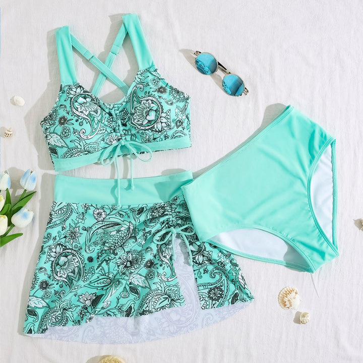 Printed drawstring bikini three-piece set