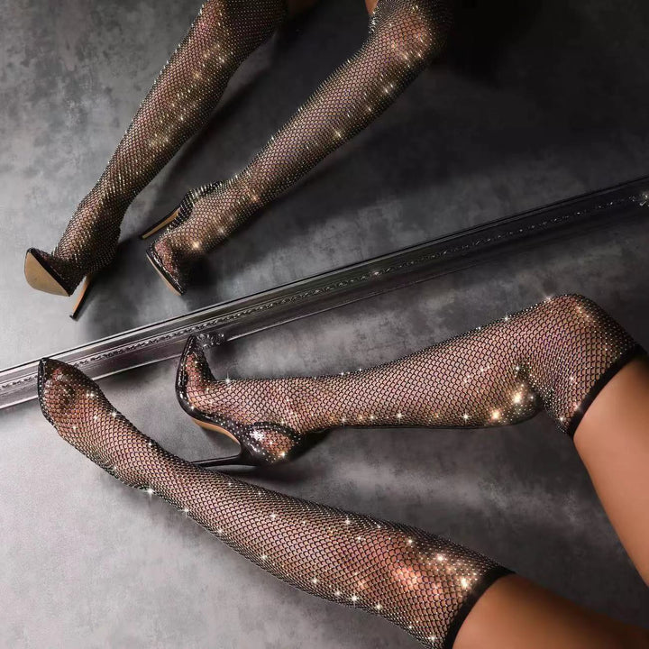 Stylish and elegant pointed-toe comfortable mesh over-the-knee sandals