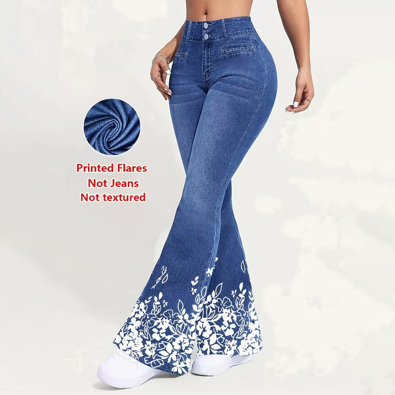 Elastic waist faux denim bootcut pants
