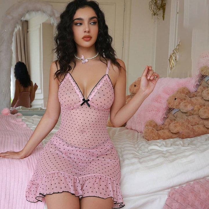 Sexy Pure Mesh See-Through Pink Polka Dot Bowknot Suspender Nightdress