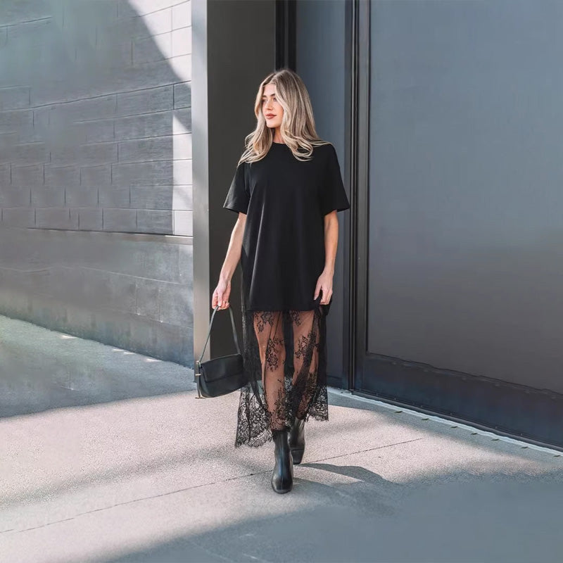 Lace-trimmed faux two-piece dress