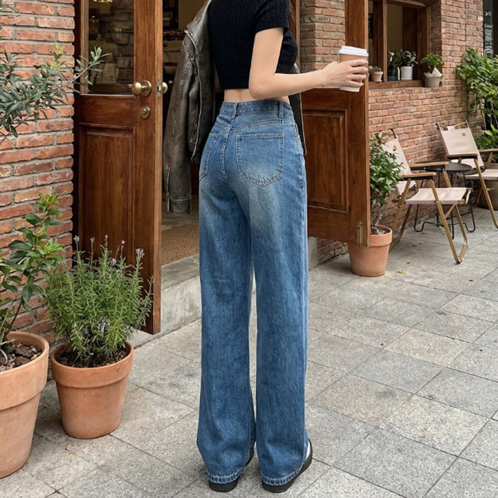 Retro slim-fit straight-leg high-waisted jeans