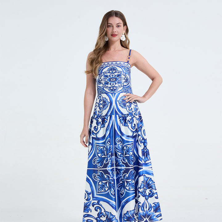 Porcelain-patterned strapless maxi dress