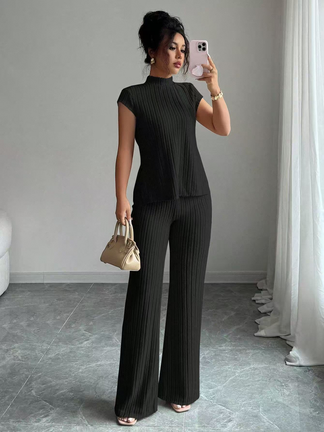 Casual solid color ribbed casual pants suit