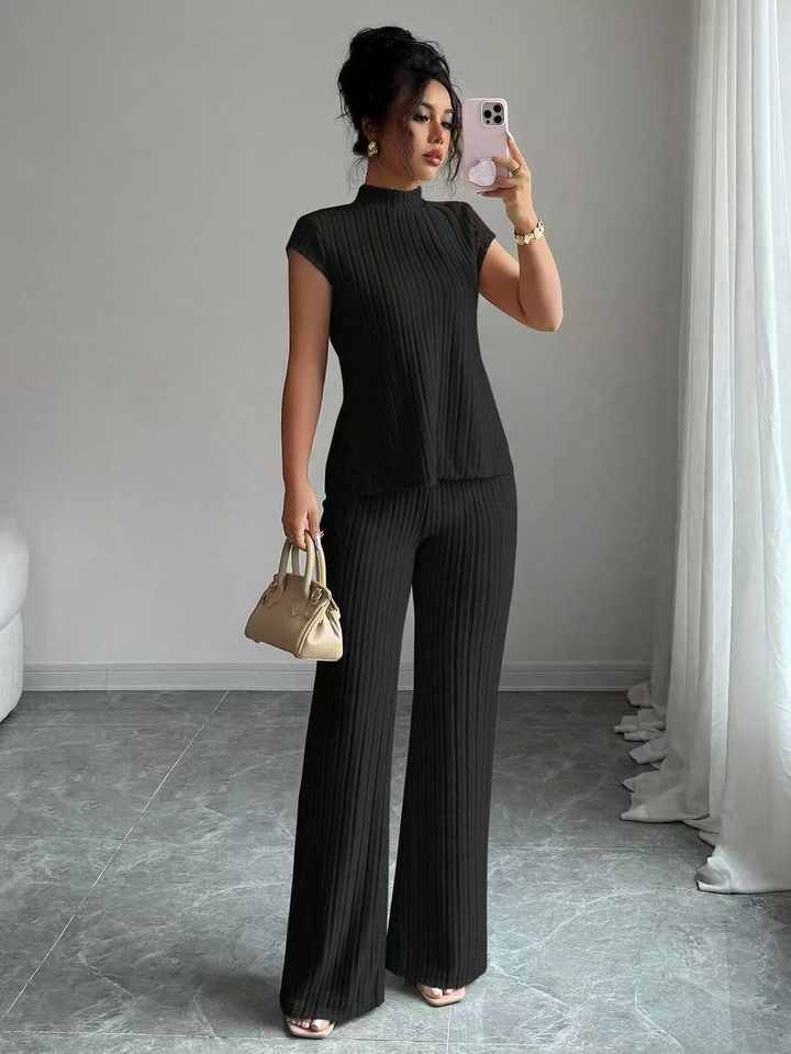 Casual solid color ribbed casual pants suit