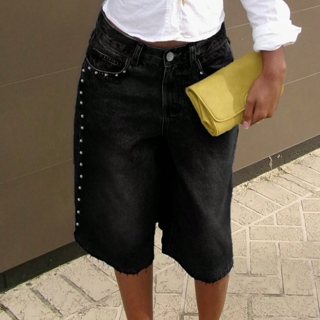 Vintage Washed Studded Knee Length Denim Shorts