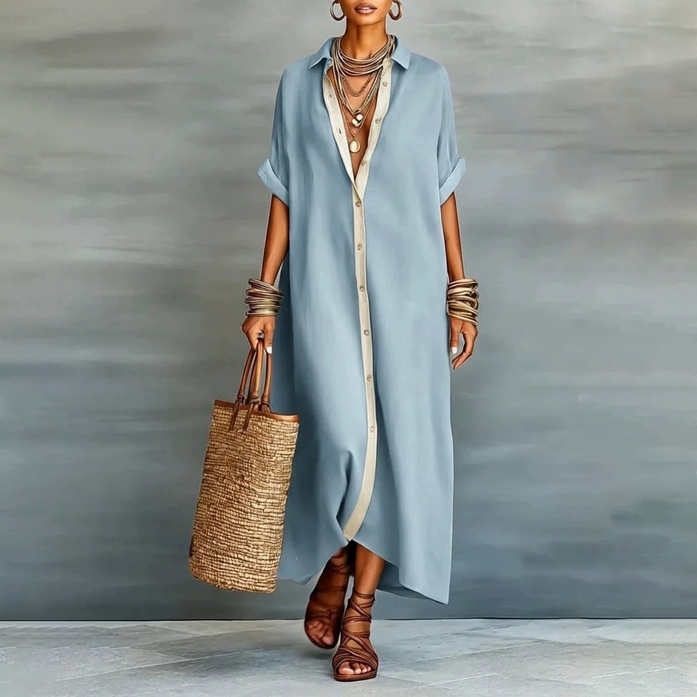 Casual Roll Sleeve Button Down Maxi Shirt Dress