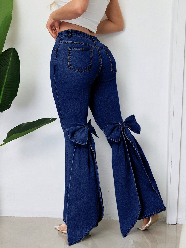 Retro 3D Bow-Tie Floor-Length Flared Jeans