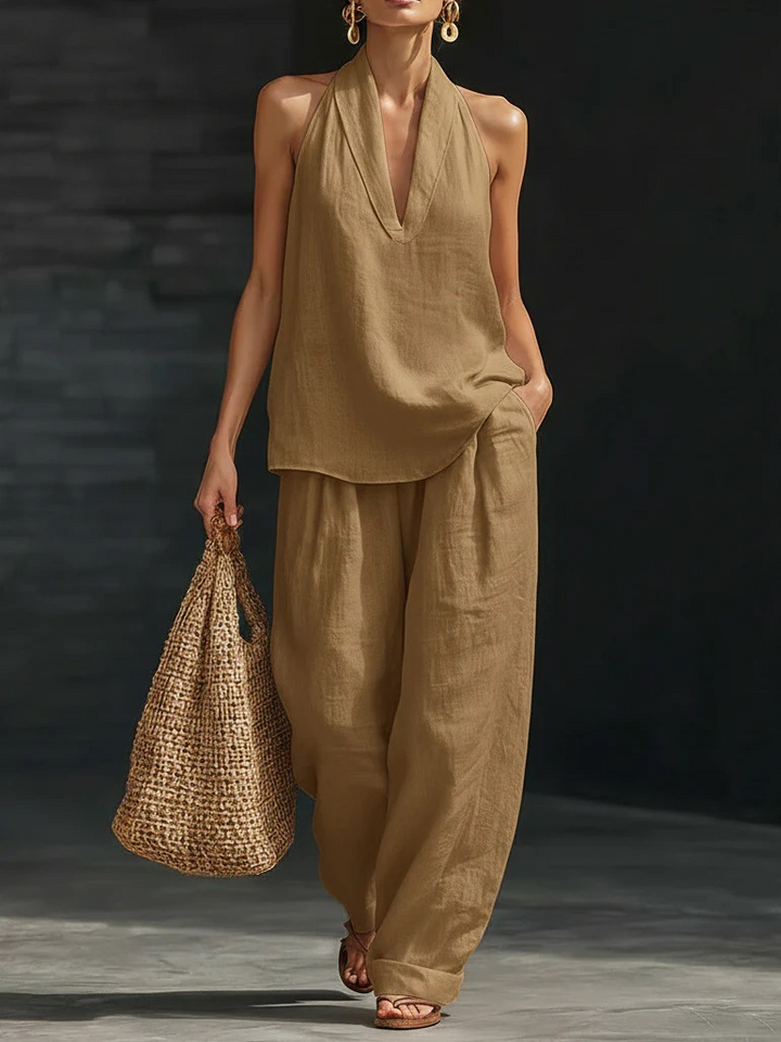 Halberd neck V-neck slimming wide-leg pants set